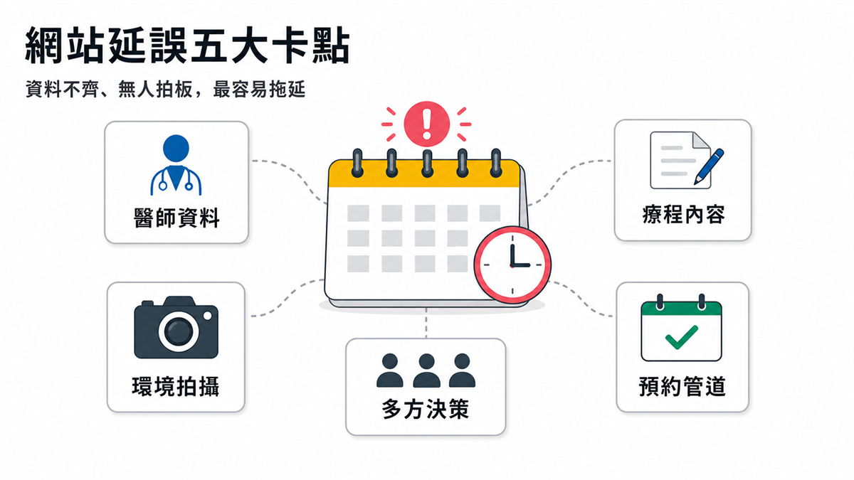 診所開業,網站與行銷該從什麼時候開始規劃? 診所網站延誤上線的五大卡點,包括醫師資料、療程內容、環境拍攝、多方決策與預約管道